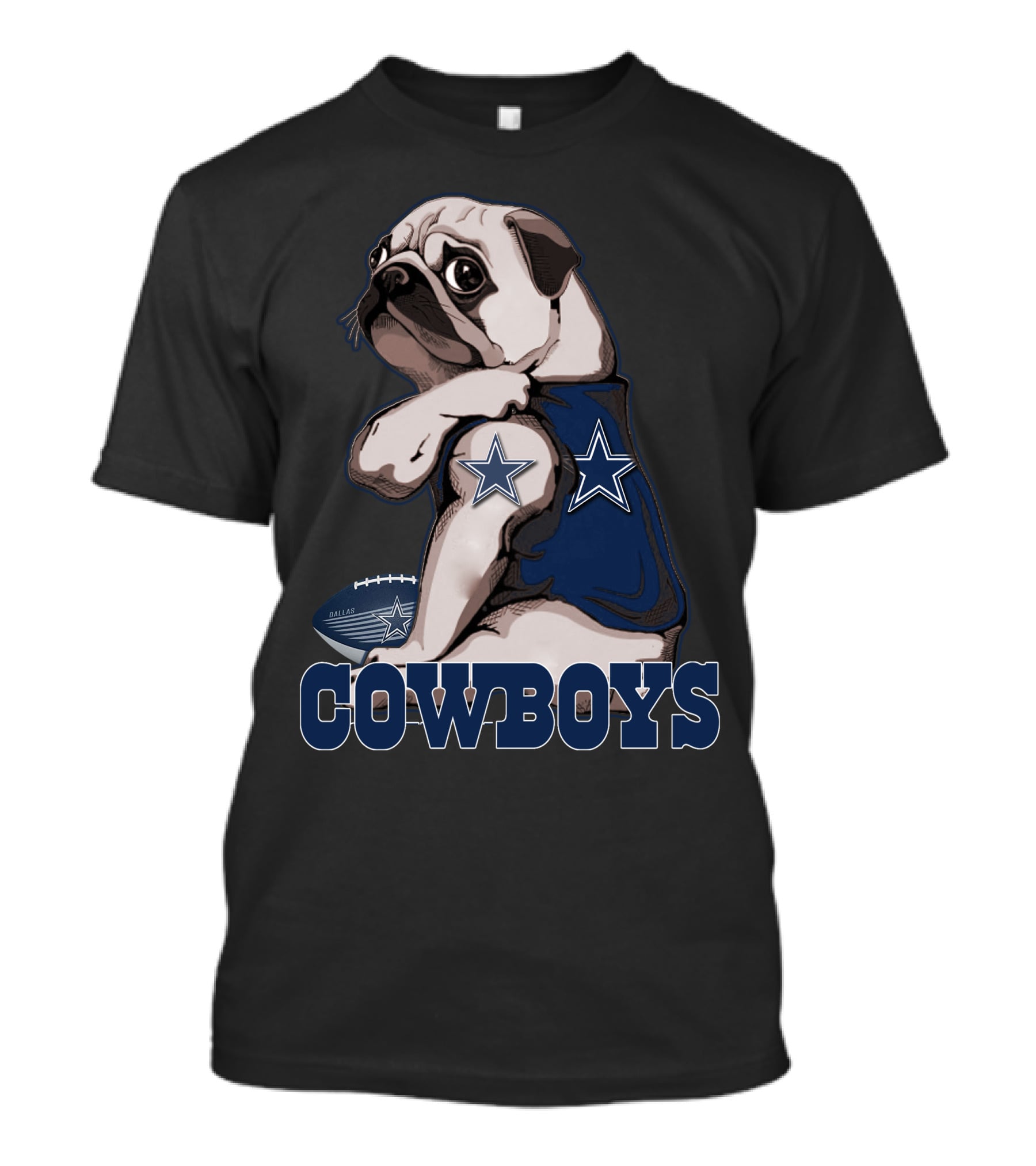 Pug Wearing Dallas Cowboys Jersey With Stars And Football T-Shirt