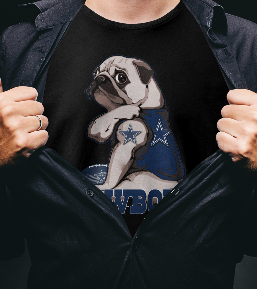 Pug Wearing Dallas Cowboys Jersey With Stars And Football T-Shirt