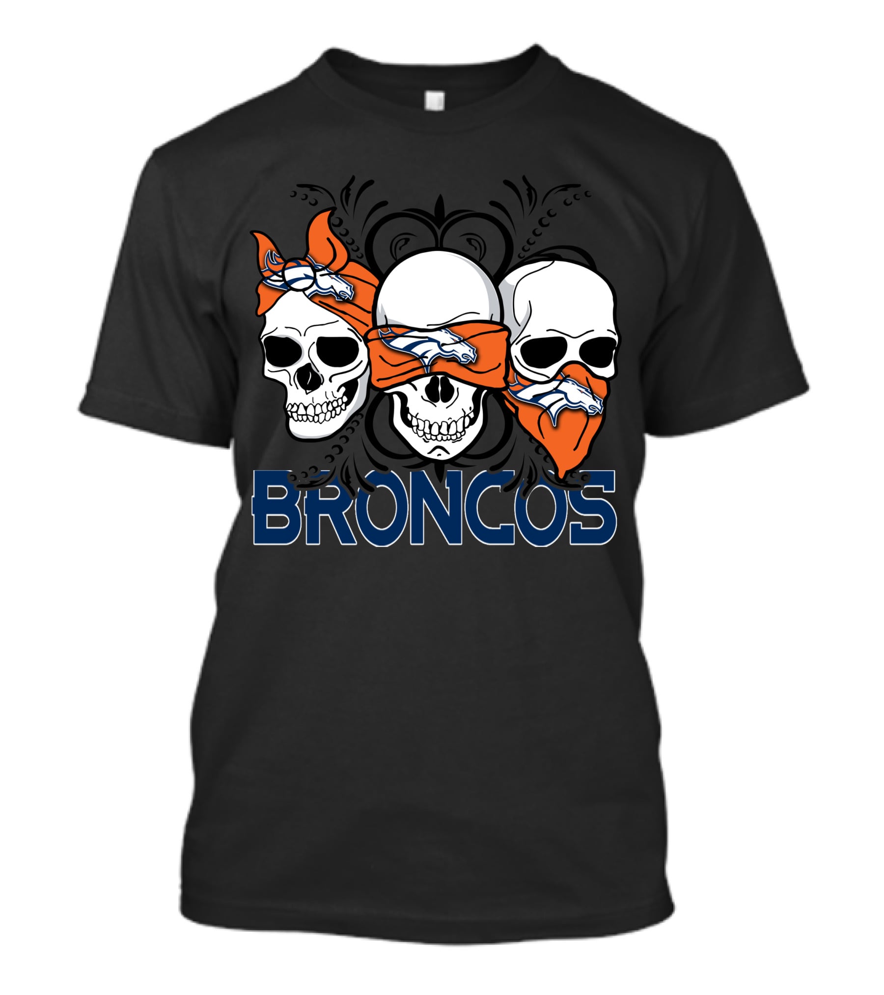 Broncos Three Skulls With Orange Bandanas T-Shirt