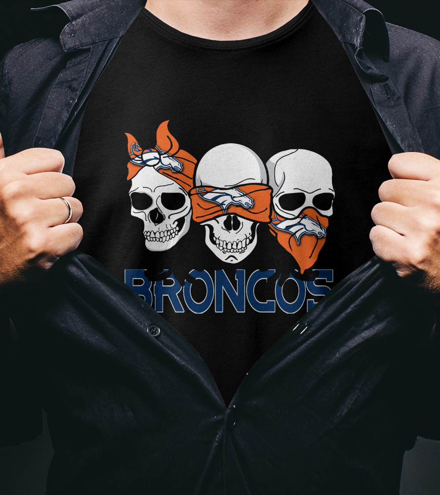 Broncos Three Skulls With Orange Bandanas T-Shirt