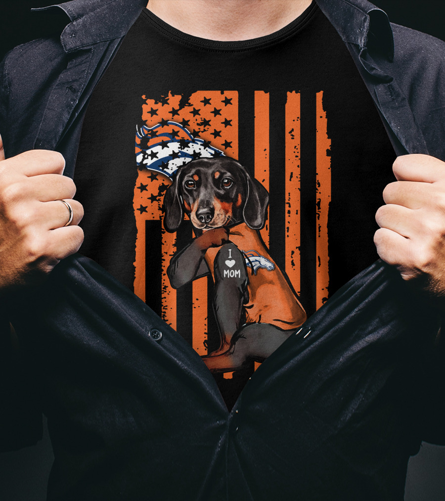 Dachshund DENVER BRONCOS I Love Mom Orange American Flag T-Shirt