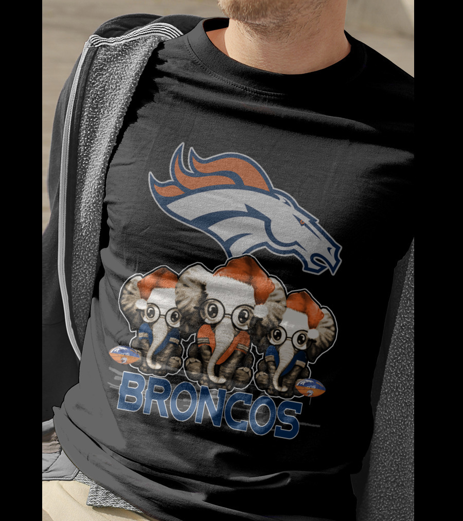DENVER BRONCOS Christmas Elephants With Santa Hats T-Shirt