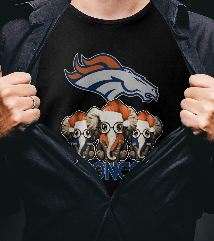 DENVER BRONCOS Christmas Elephants With Santa Hats T-Shirt