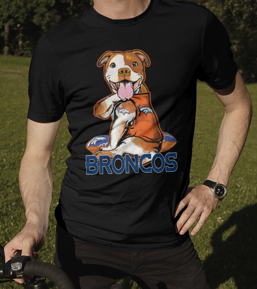 Pittbull Wearing Denver Broncos Jersey With Football And Broncos Text T-Shirt