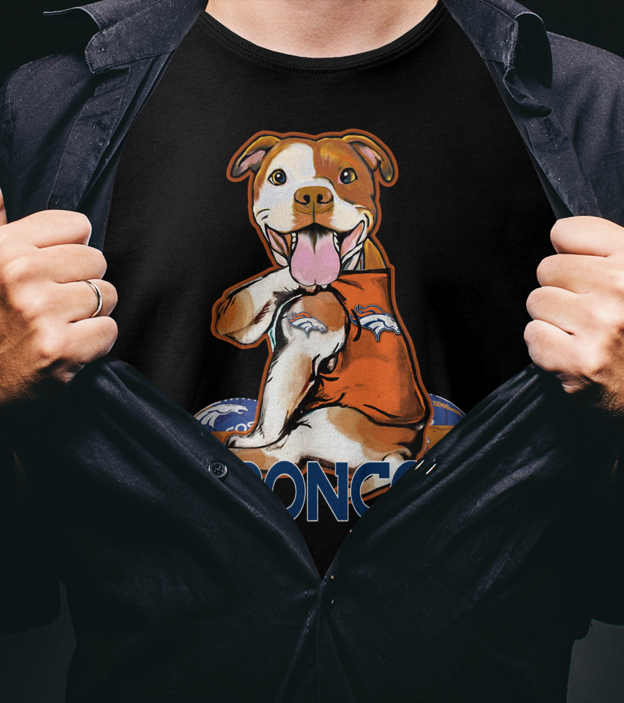 Pittbull Wearing Denver Broncos Jersey With Football And Broncos Text T-Shirt