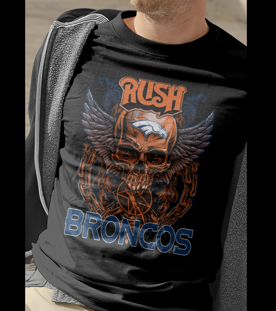 Rush Denver Broncos Skull Graphic With Wings And Chains T-Shirt