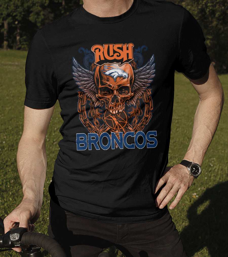 Rush Denver Broncos Skull Graphic With Wings And Chains T-Shirt