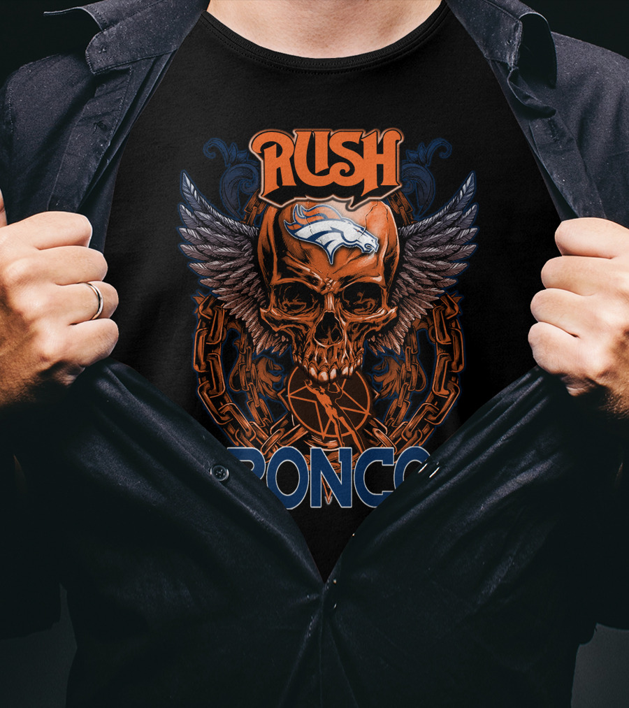 Rush Denver Broncos Skull Graphic With Wings And Chains T-Shirt