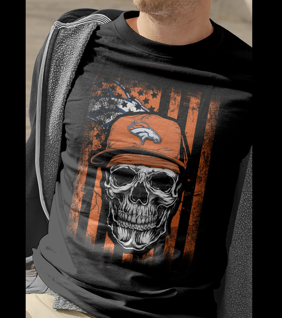 Skull Wearing Denver Broncos Cap On Grunge Orange Stripes T-Shirt