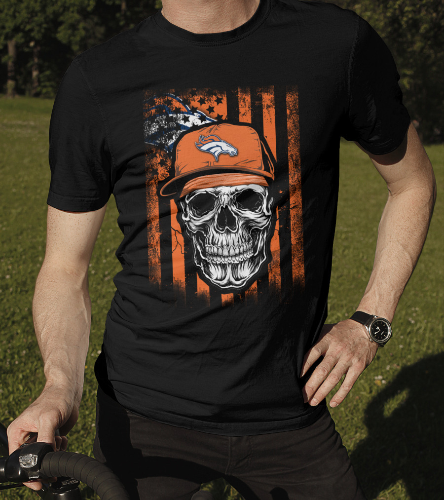 Skull Wearing Denver Broncos Cap On Grunge Orange Stripes T-Shirt