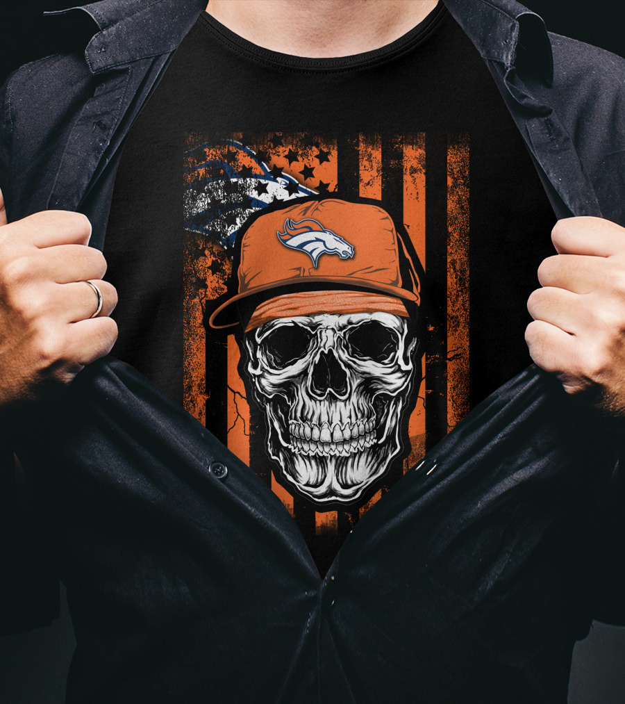 Skull Wearing Denver Broncos Cap On Grunge Orange Stripes T-Shirt