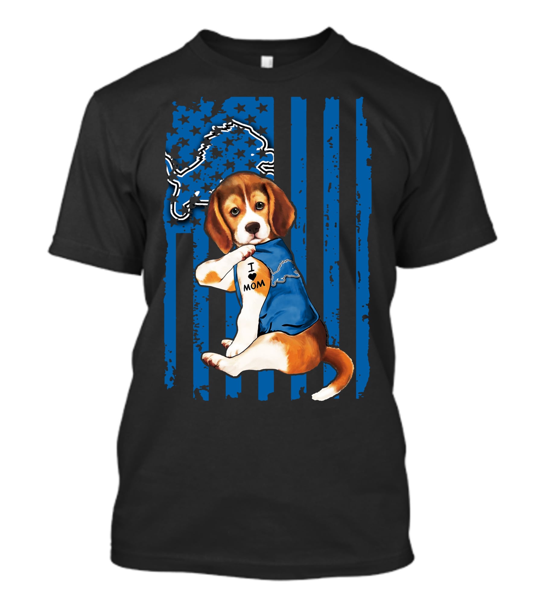 Beagle Detroit Lions I Love Mom Blue Stripes T-Shirt