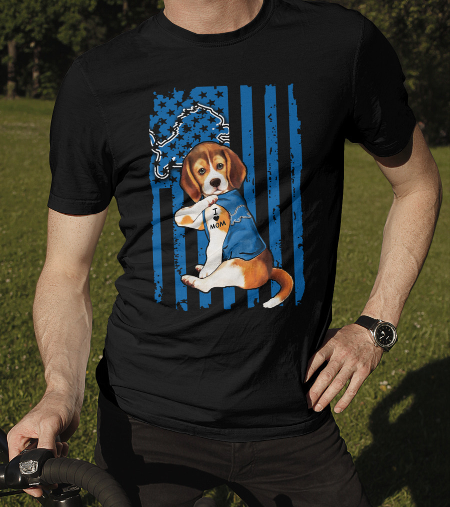 Beagle Detroit Lions I Love Mom Blue Stripes T-Shirt