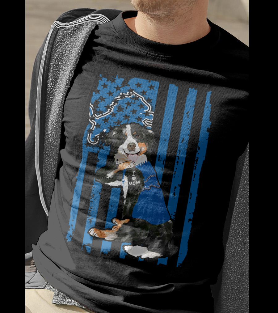 Border Collie I Love Mom Detroit Lions Flag T-Shirt