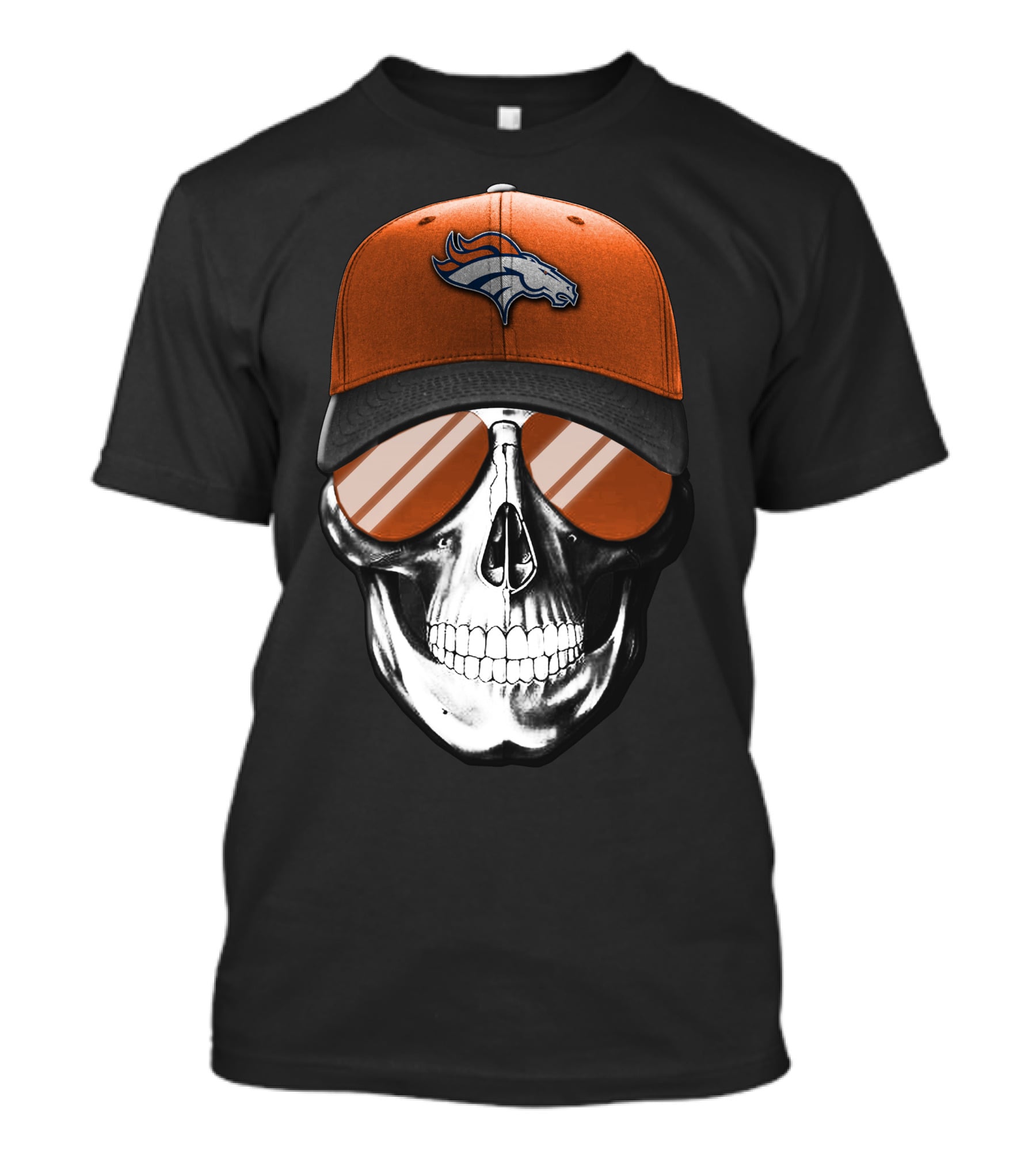 Skull Wearing Denver Broncos Hat And Sunglasses T-Shirt