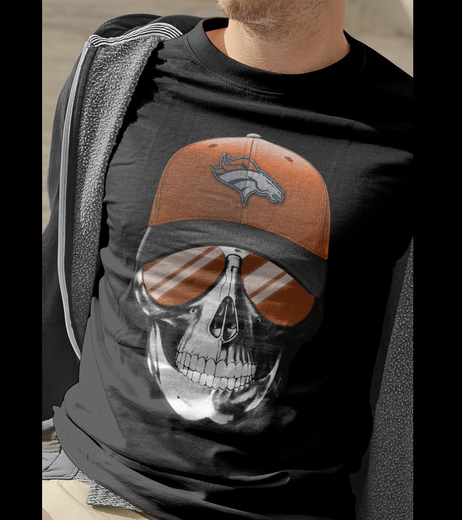 Skull Wearing Denver Broncos Hat And Sunglasses T-Shirt