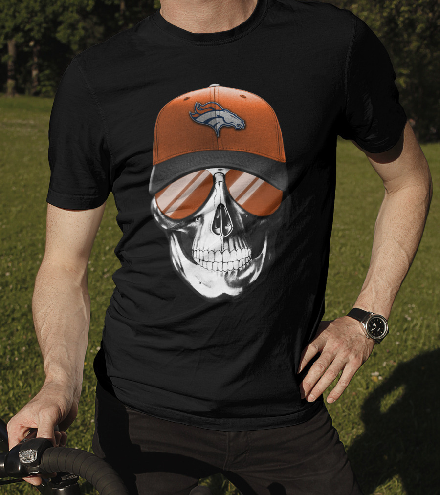 Skull Wearing Denver Broncos Hat And Sunglasses T-Shirt