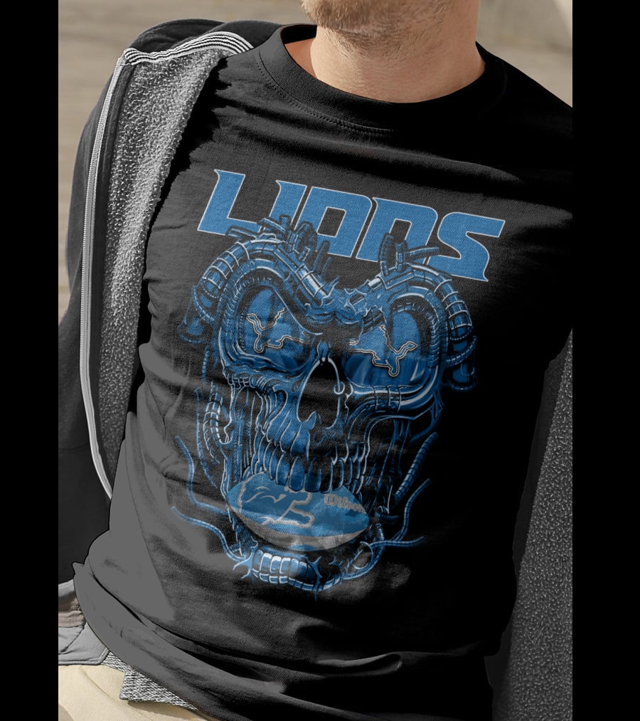 Dragonskull Lions With Detroit Football Helmet And Wilson Blue Embellishments T-Shirt