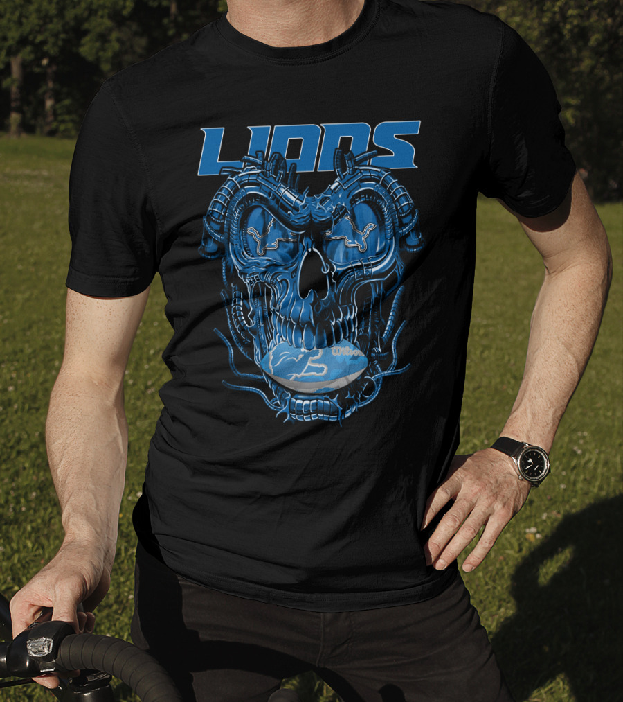 Dragonskull Lions With Detroit Football Helmet And Wilson Blue Embellishments T-Shirt