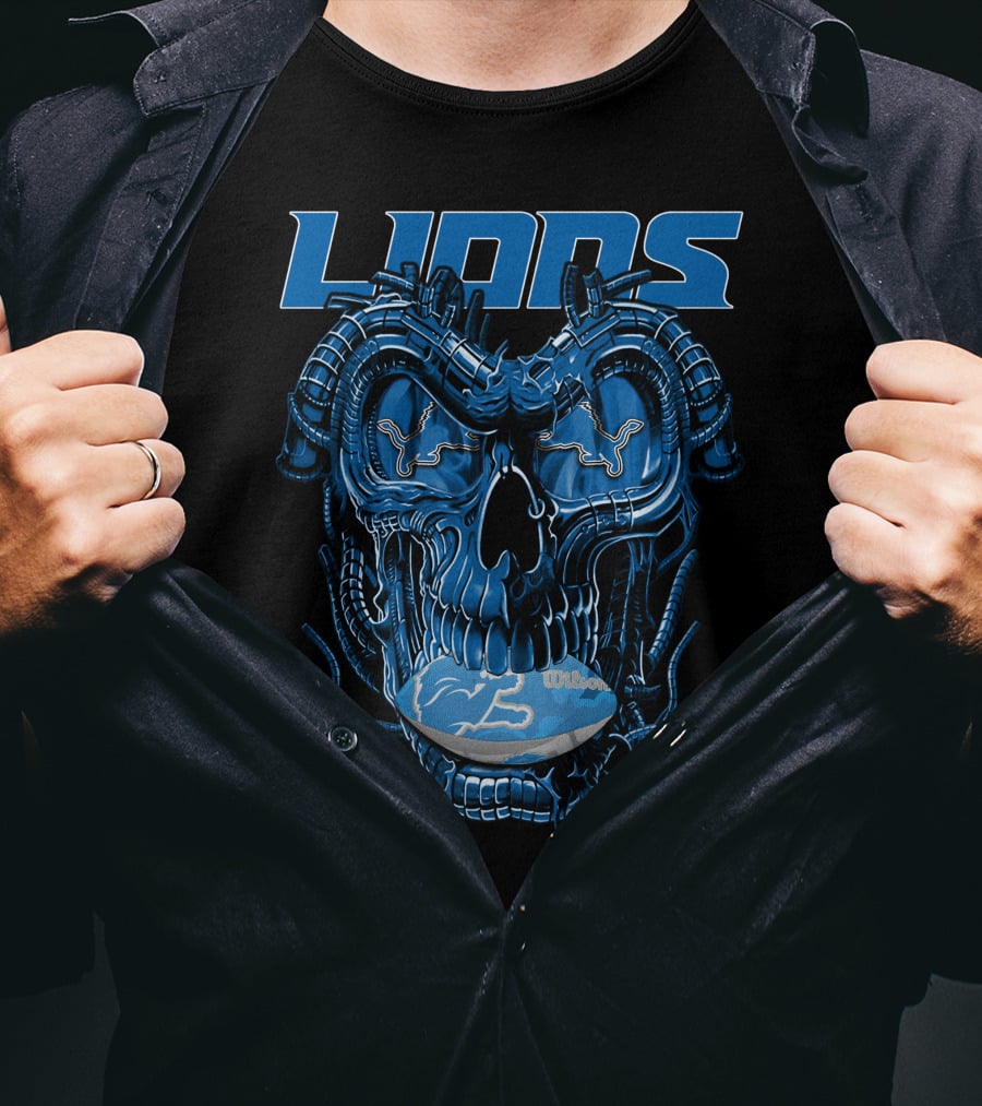 Dragonskull Lions With Detroit Football Helmet And Wilson Blue Embellishments T-Shirt