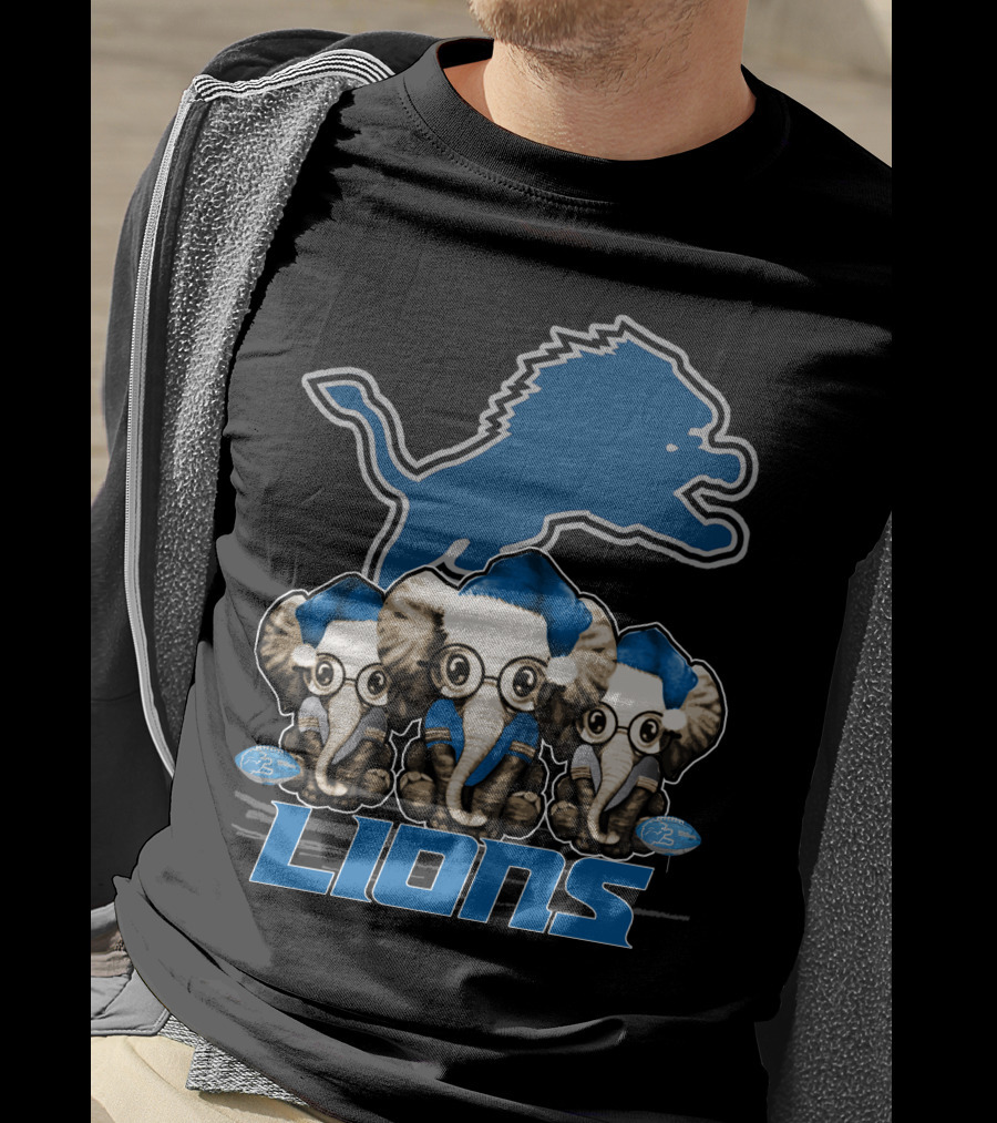 Detroit Lions Christmas Elephants With Santa Hats T-Shirt