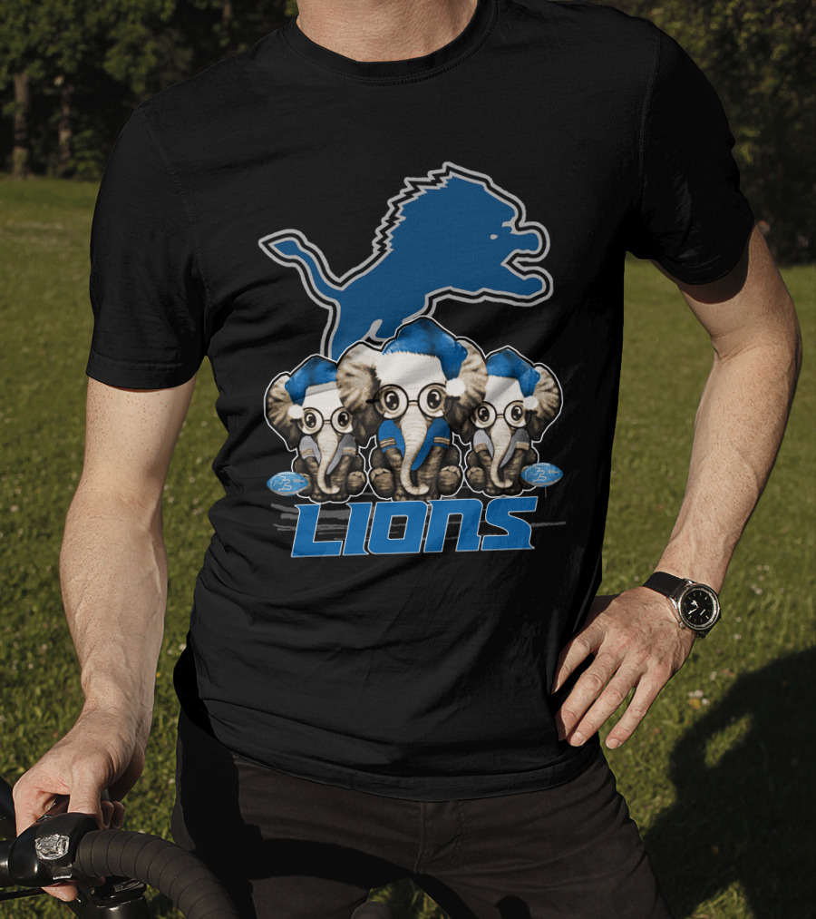 Detroit Lions Christmas Elephants With Santa Hats T-Shirt