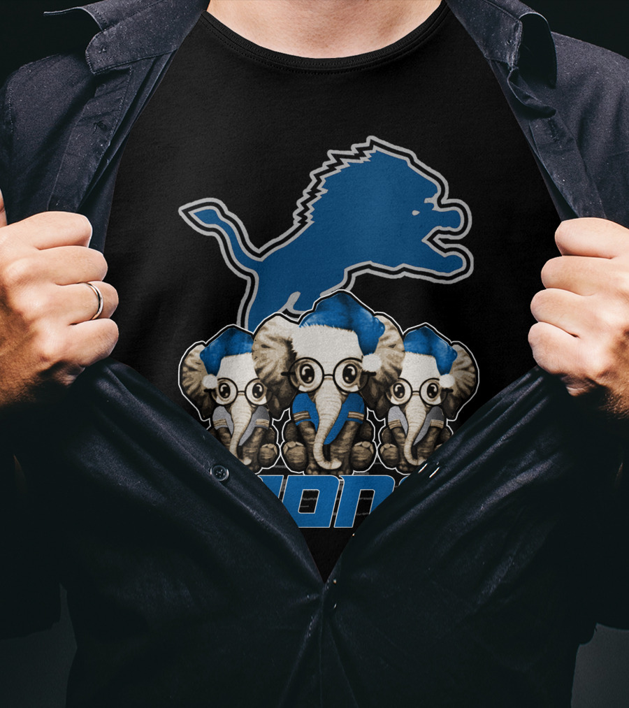 Detroit Lions Christmas Elephants With Santa Hats T-Shirt
