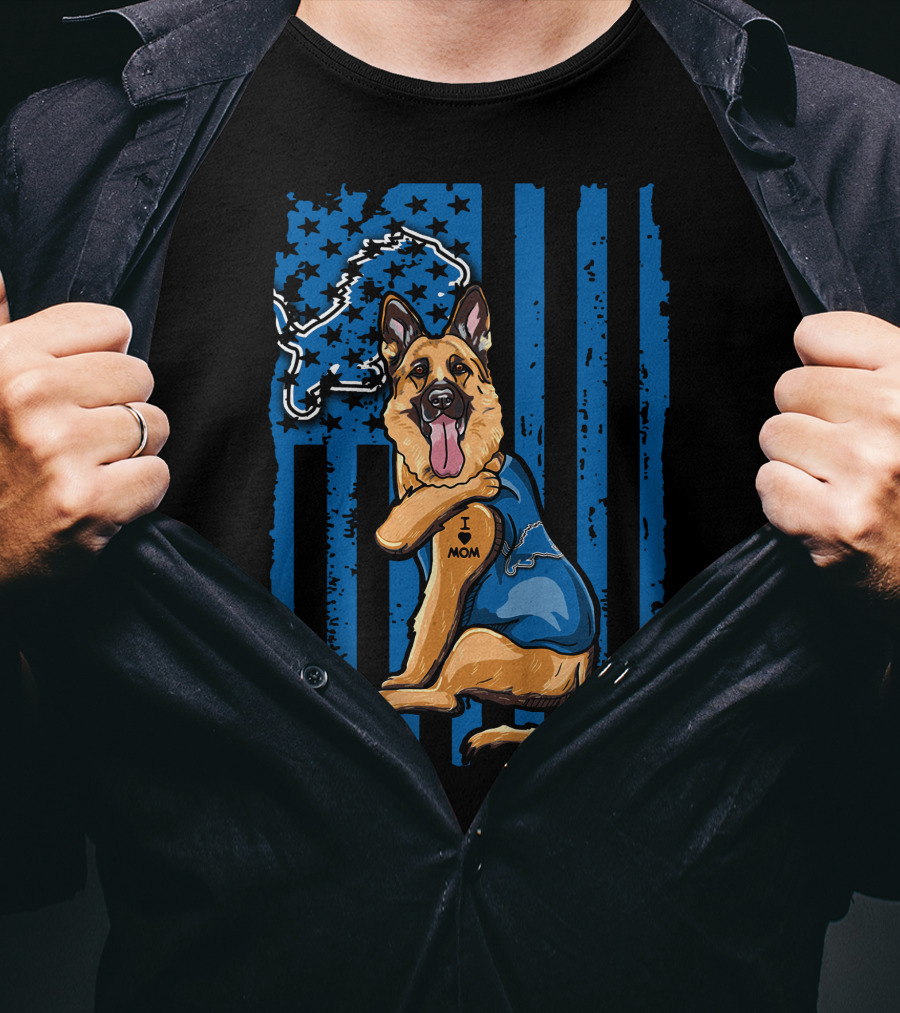 German Shepherd Wearing Detroit Lions Blue With Flag And Lion T-Shirt
