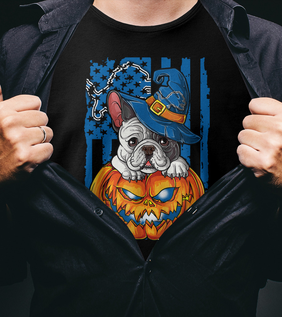 Hlw Bulldog Halloween Detroit Lions Pumpkin Wizard T-Shirt