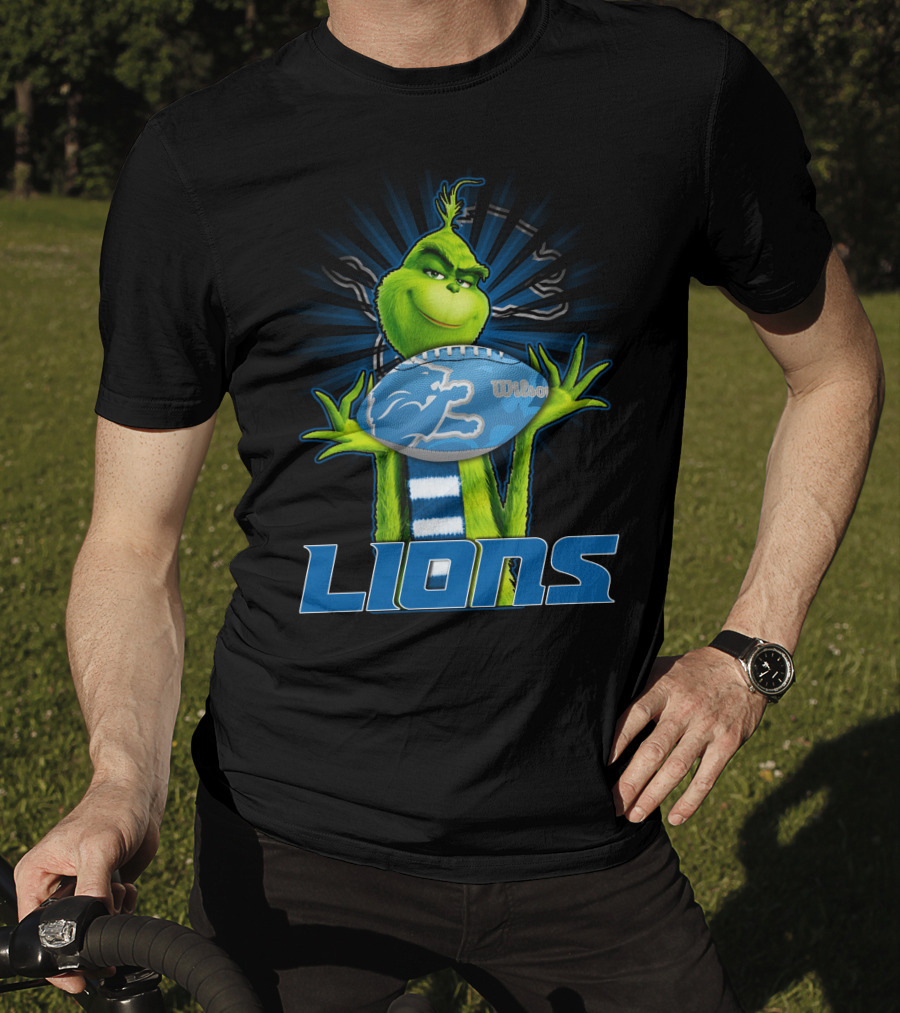Grinch Holding Detroit Lions Wilson Football T-Shirt