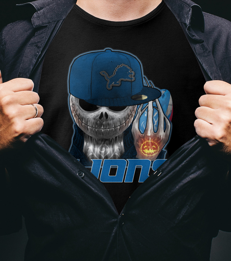 Jackskull Detroit Lions Halloween Football Fan Skull Cap T-Shirt