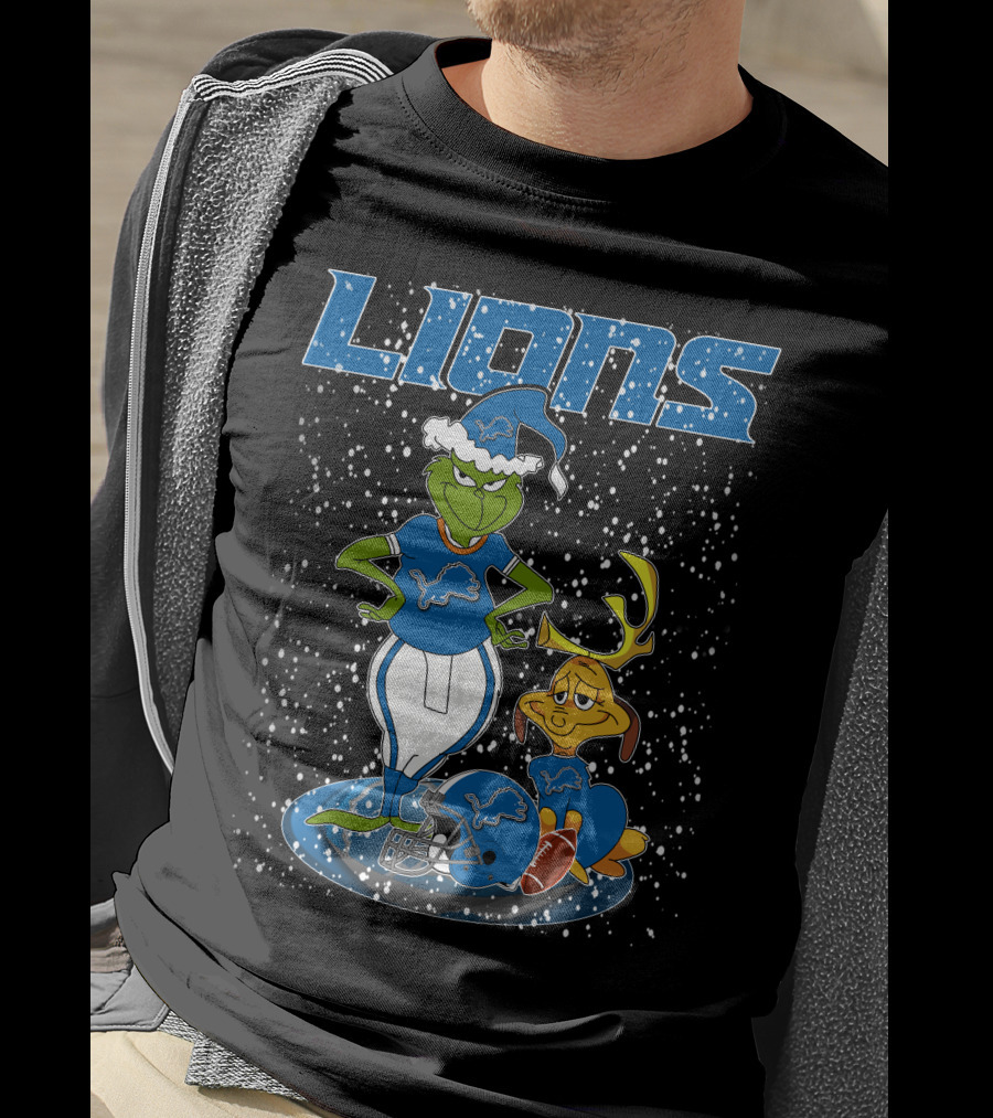 Grinchxmas Detroit Lions Snowy Holiday Characters With Blue Helmets T-Shirt