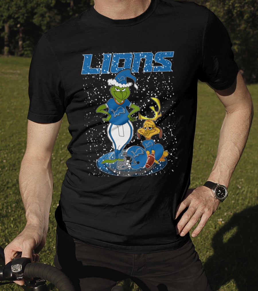 Grinchxmas Detroit Lions Snowy Holiday Characters With Blue Helmets T-Shirt