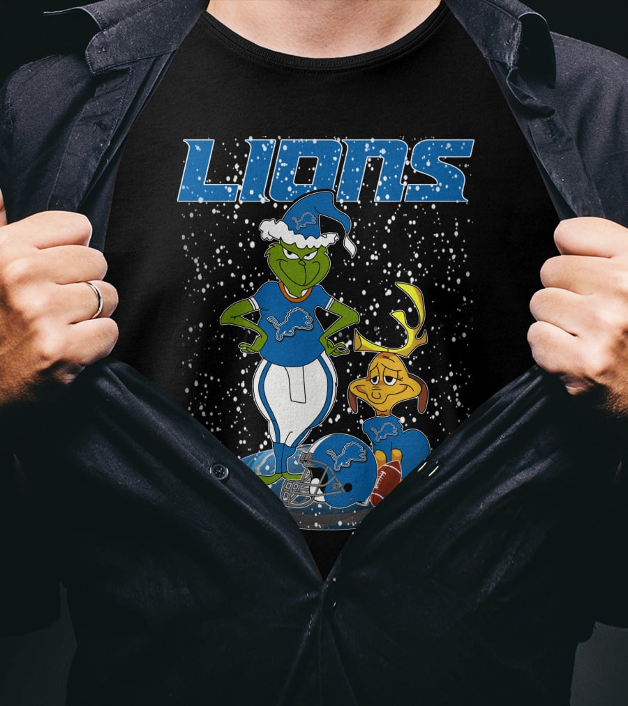 Grinchxmas Detroit Lions Snowy Holiday Characters With Blue Helmets T-Shirt
