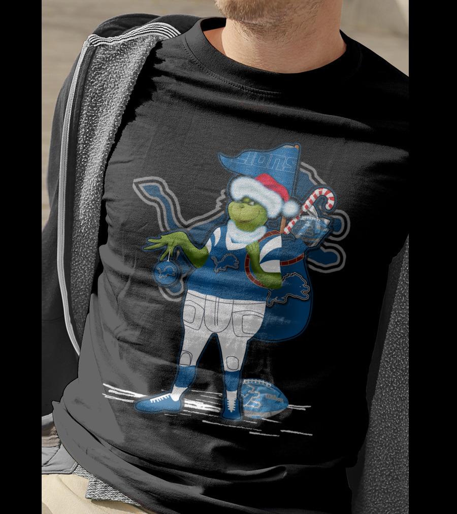 Grinchxmas Detroit Lions Santa Hat Candy Cane Football Sack T-Shirt