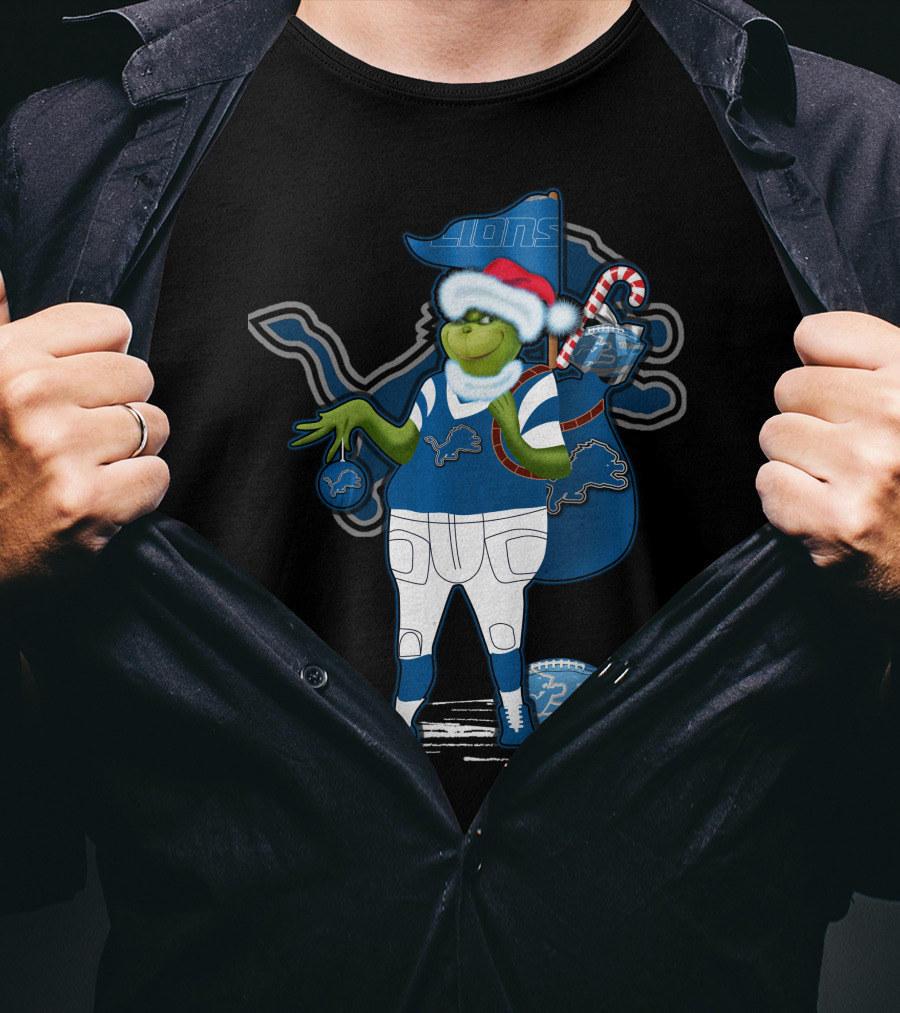 Grinchxmas Detroit Lions Santa Hat Candy Cane Football Sack T-Shirt