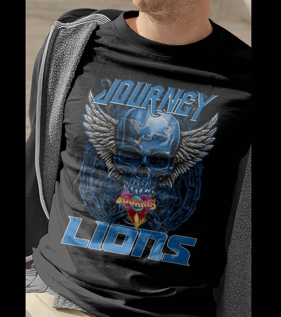 JOURNEY DETROIT LIONS Skull With Wings And Flames T-Shirt