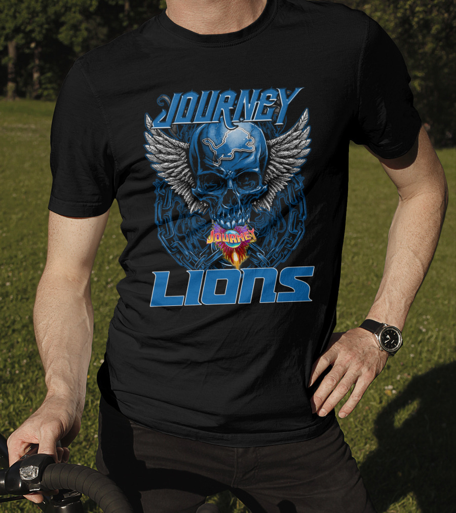 JOURNEY DETROIT LIONS Skull With Wings And Flames T-Shirt