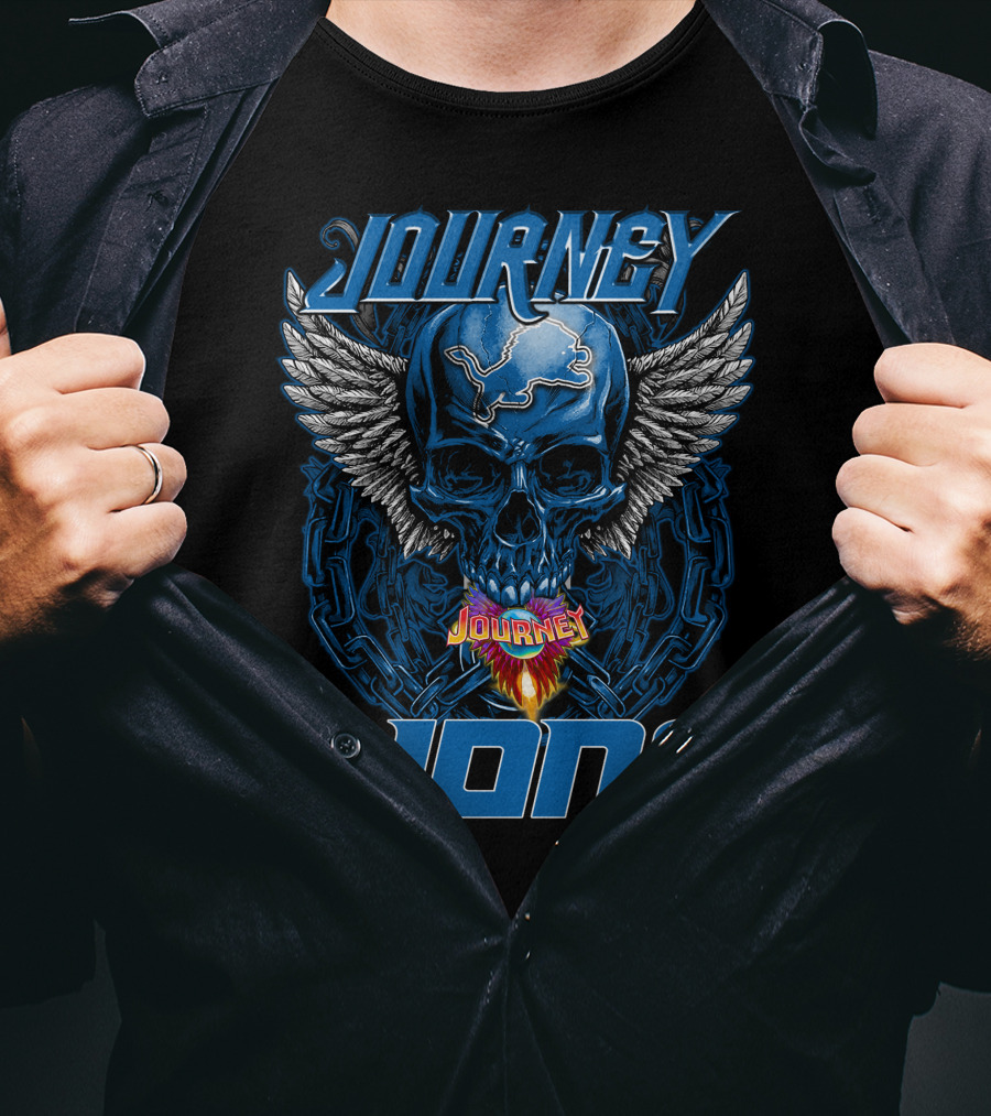 JOURNEY DETROIT LIONS Skull With Wings And Flames T-Shirt