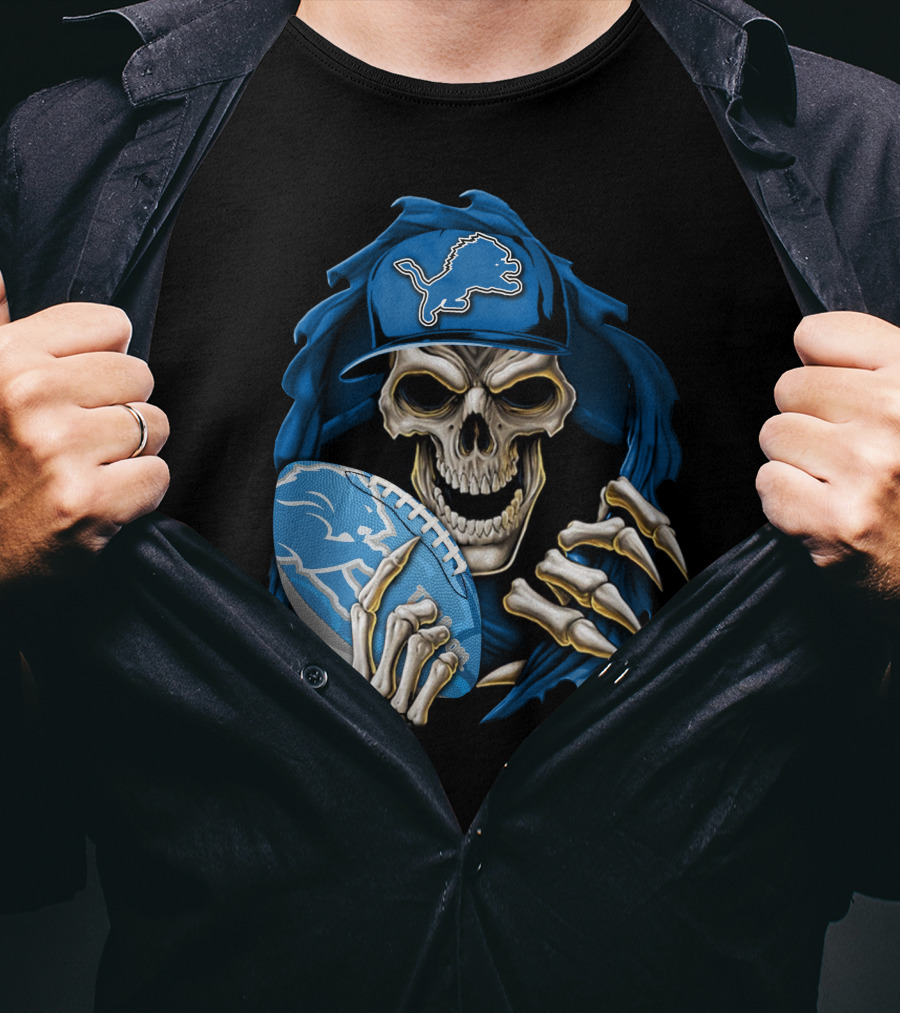 Skullbong Detroit Lions Skeleton With Football And Cap T-Shirt