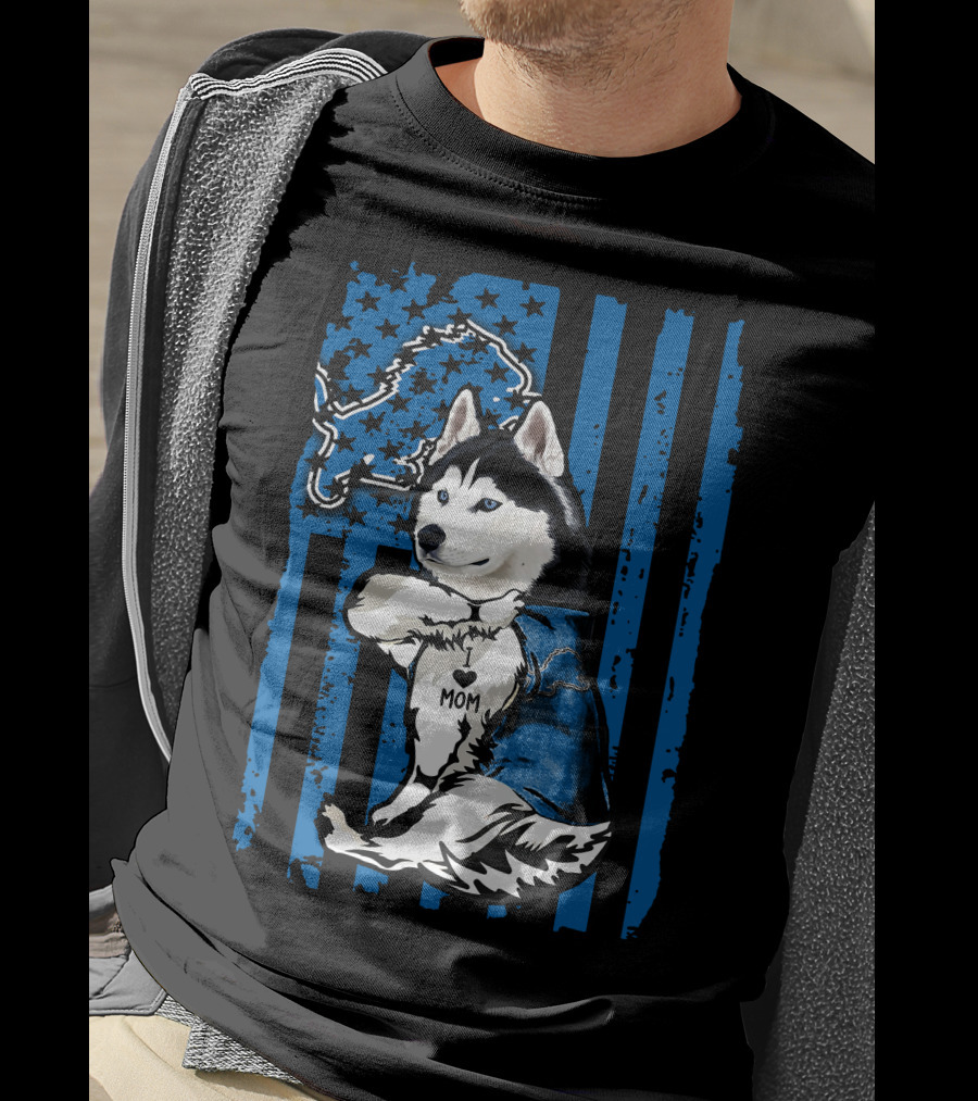 Siberian Husky Detroit Lions American Flag Mom T-Shirt