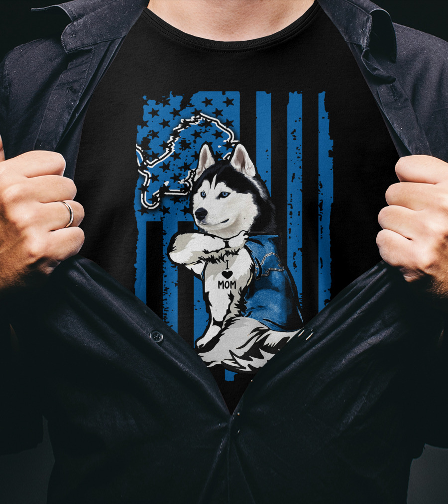 Siberian Husky Detroit Lions American Flag Mom T-Shirt