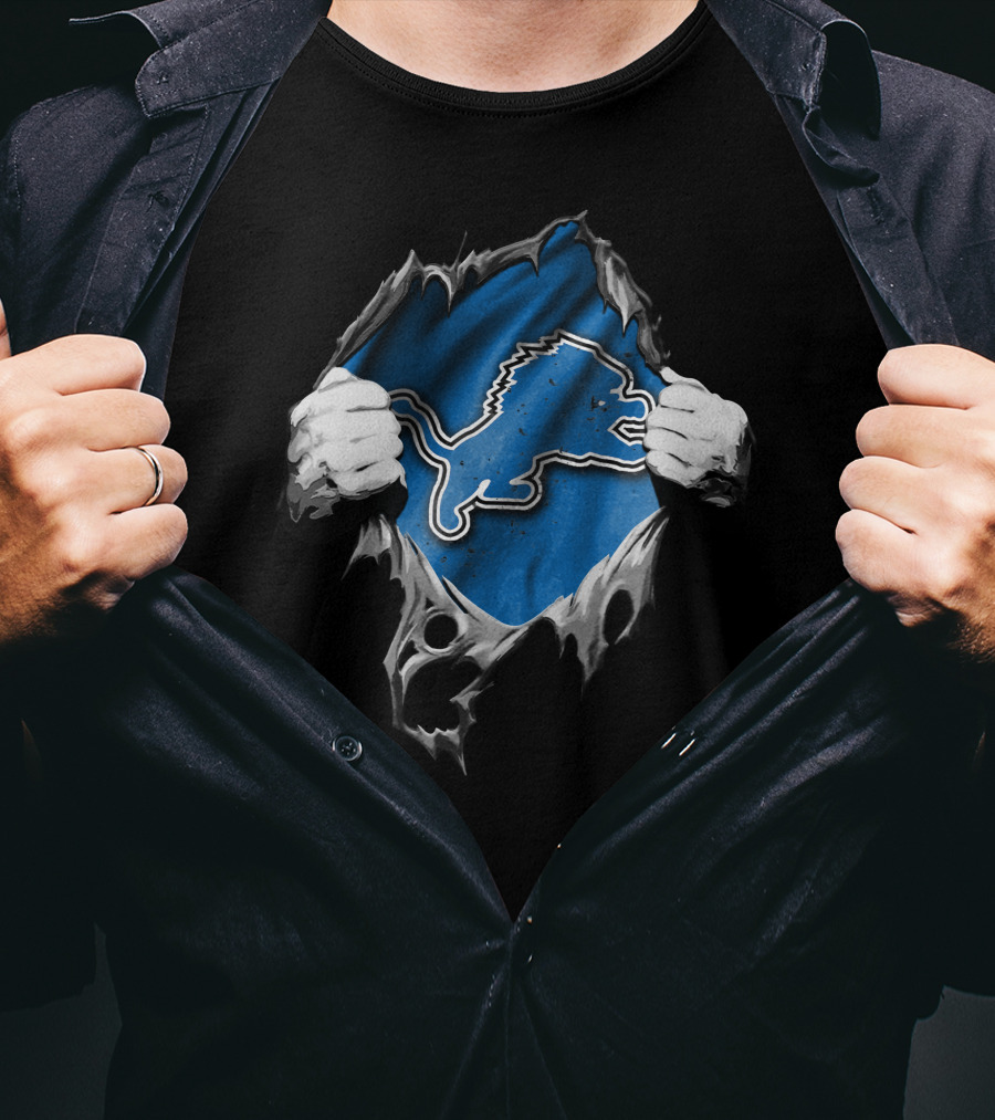 Detroit Lions Torn Hands Ripping Through Blue And Silver T-Shirt