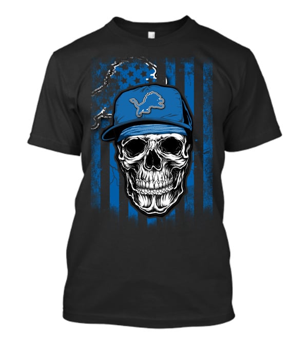 Skull Detroit Lions Blue Cap USA Flag Background T-Shirt