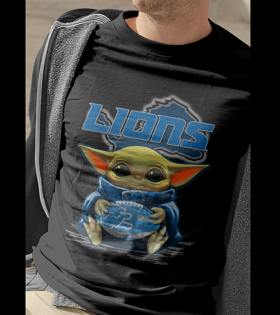 Lions Baby Yoda Holding Detroit Football Wilson T-Shirt