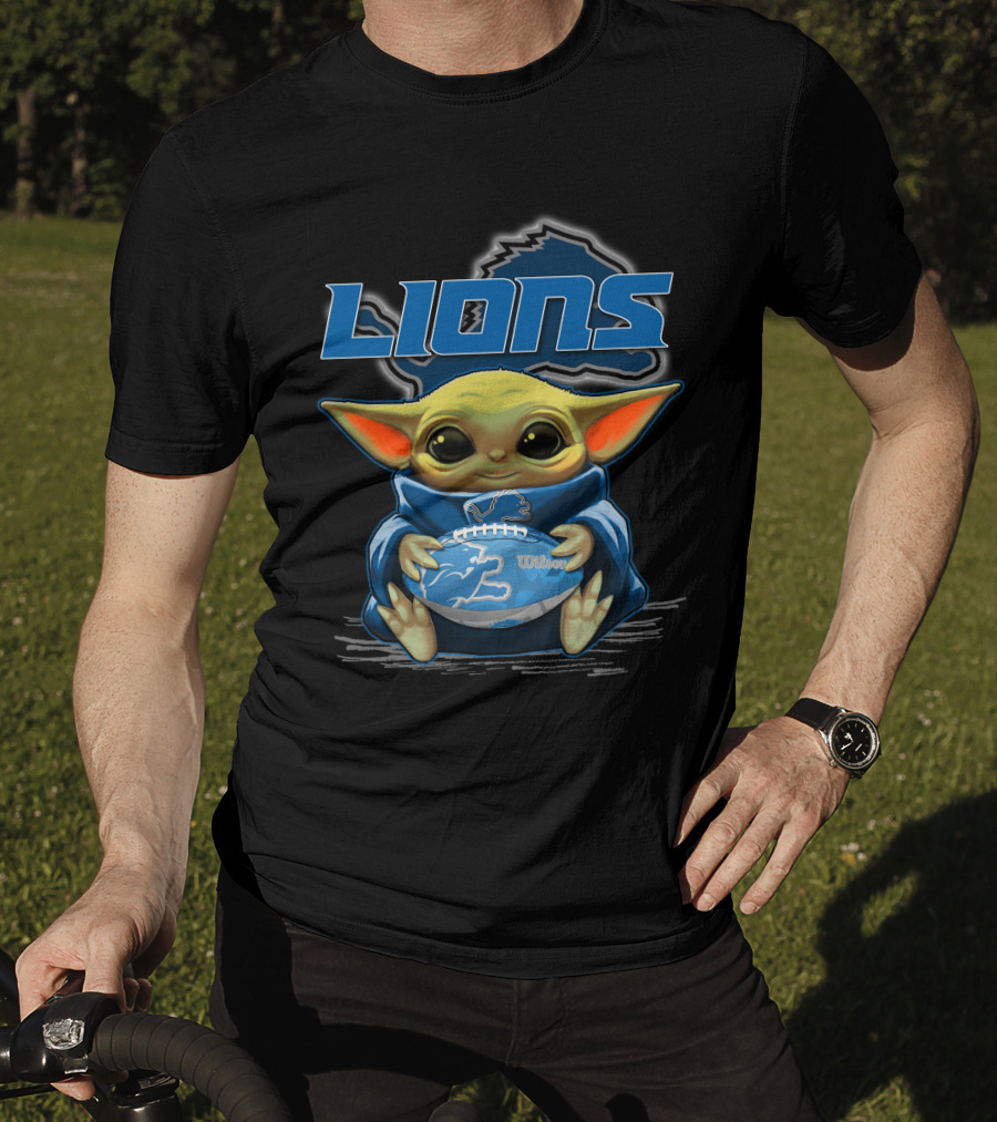 Lions Baby Yoda Holding Detroit Football Wilson T-Shirt