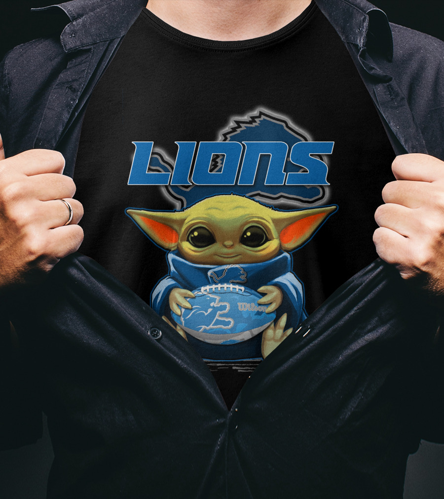Lions Baby Yoda Holding Detroit Football Wilson T-Shirt