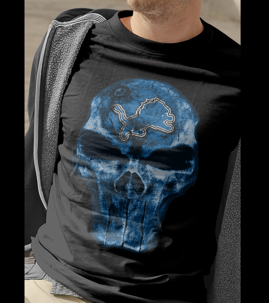 Skull Detroit Lions Blue Grunge T-Shirt
