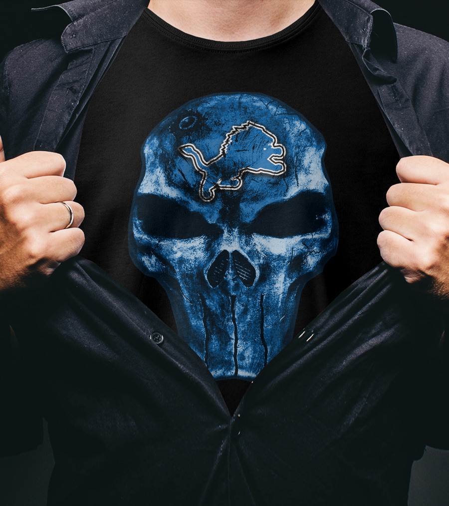 Skull Detroit Lions Blue Grunge T-Shirt