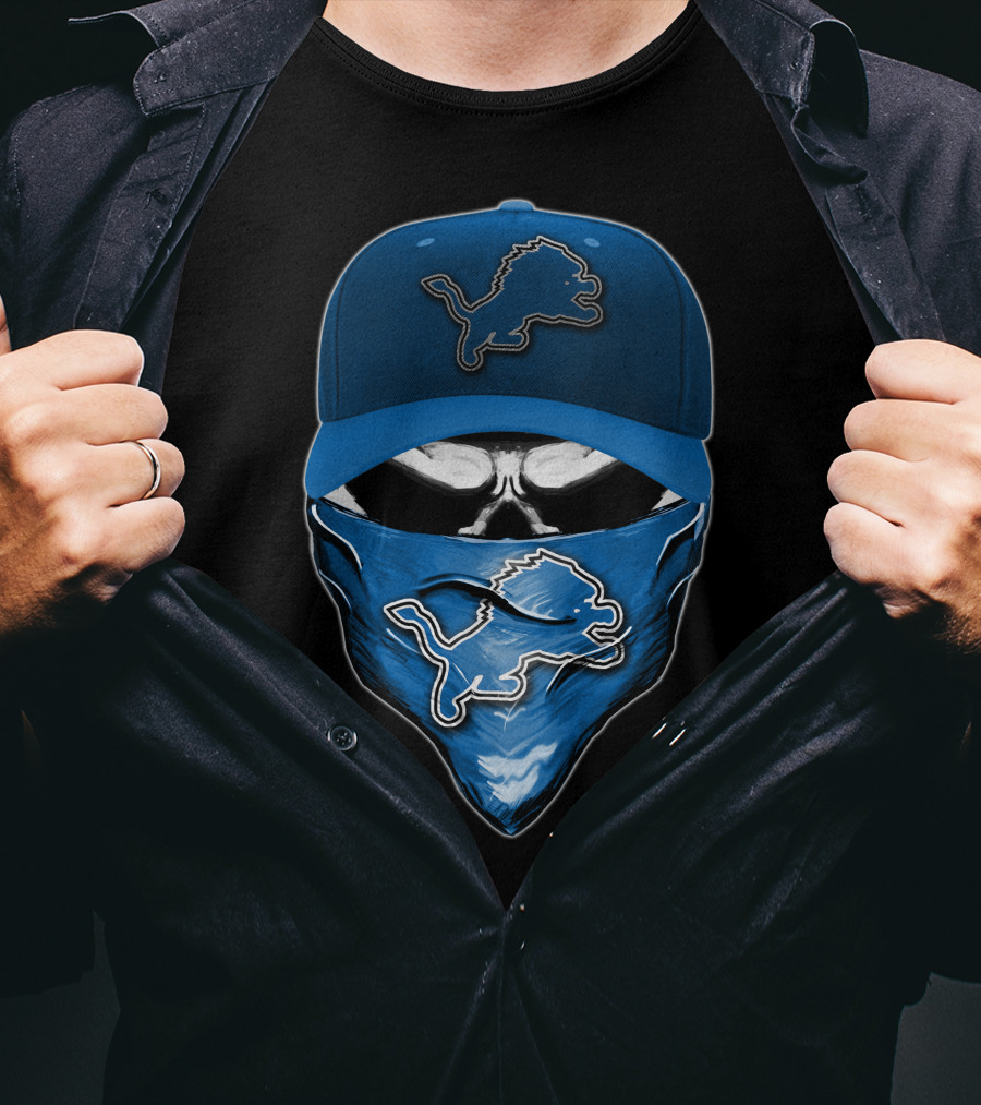 Skull Detroit Lions Hat And Mask T-Shirt